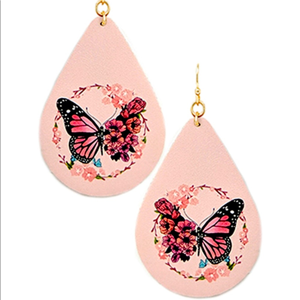 Printed Floral Butterfly Teardrop Shape Earring
